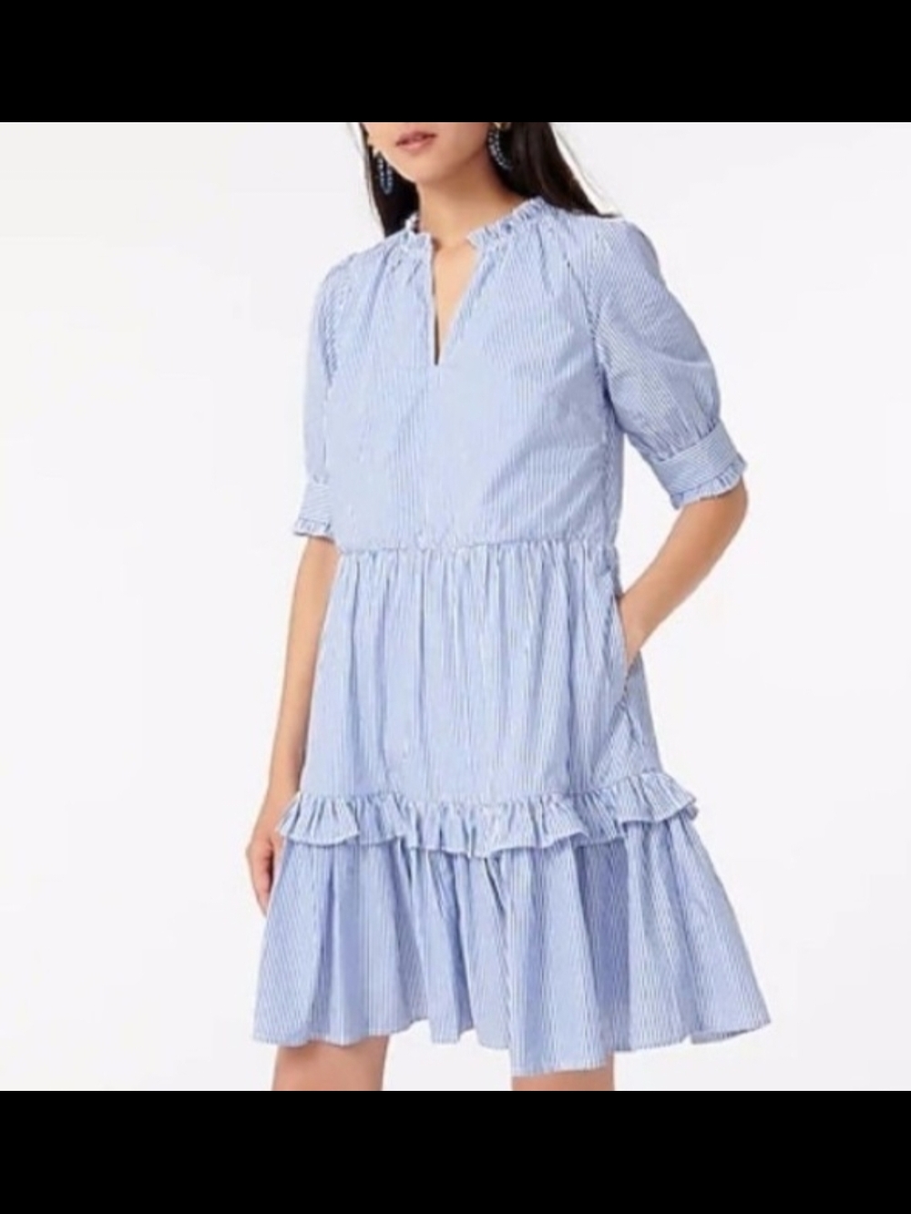J. Crew Light Blue Striped Ruffle Tiered Midi Dress Sz L